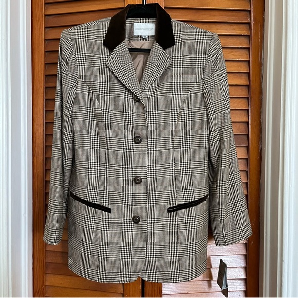 Amanda Smith Petites Preppy Houndstooth Plaid Boxy Blazer Velvet Trim Wool Blend - Picture 2 of 16